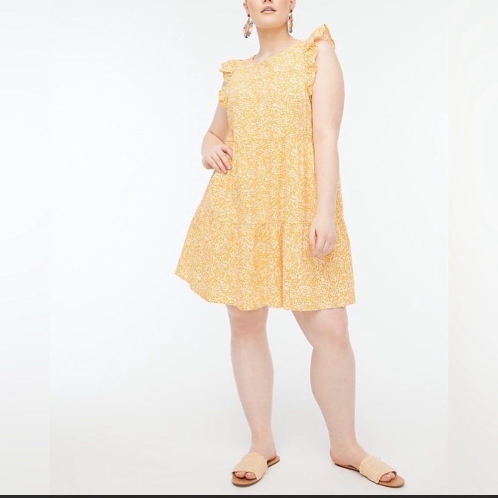 J Crew ruffle sleeveless yellow/white floral tiered dress with pockets! NWOT.